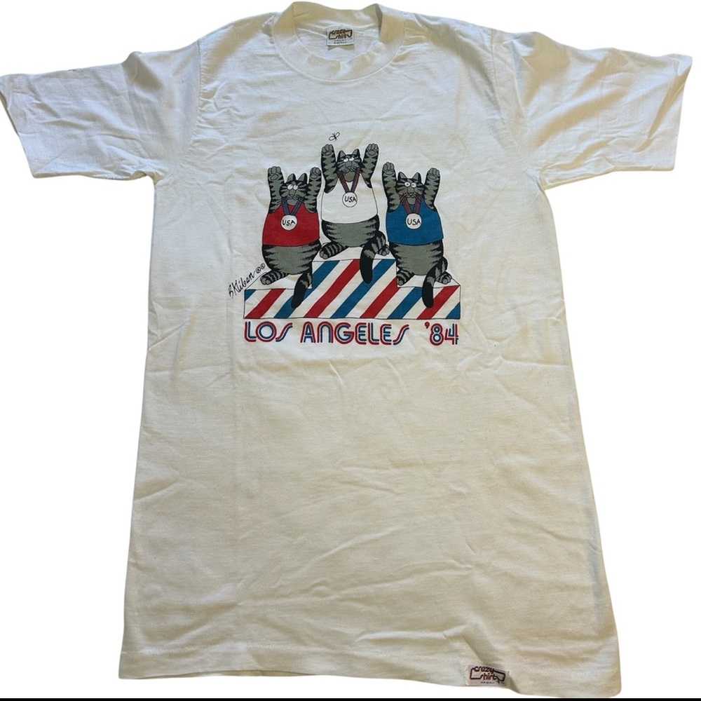 Vintage 80s Crazy Shirts B. Kilban Los Angeles 1984 Olympics Cat T-Shirt Small - Picture 1 of 12